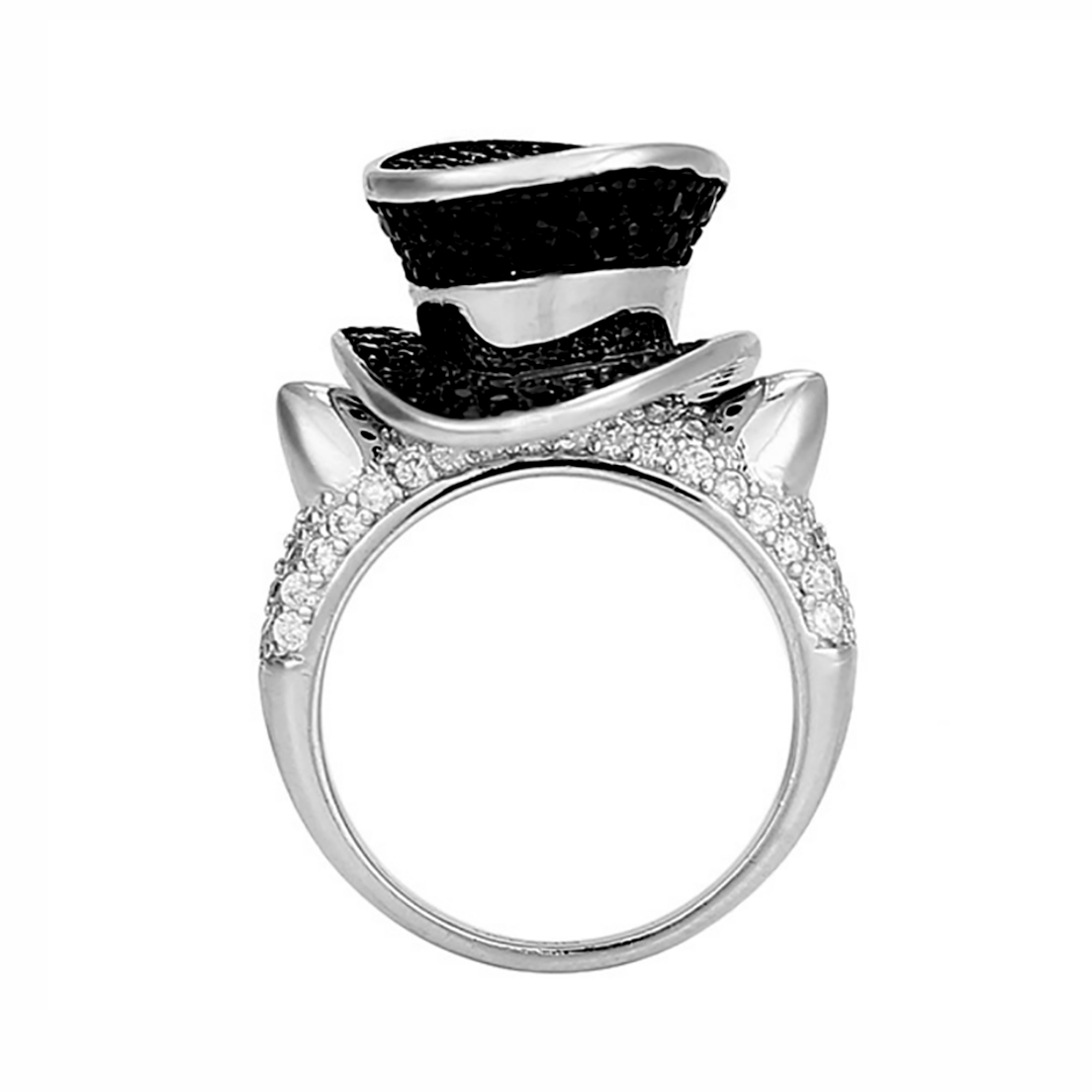 BlackandWhiteGoldPlatedCatTopHatStatementRingBlackandClearCubicZirconiaSize9KittyRingforWomenbyGingerLyne_Black-1