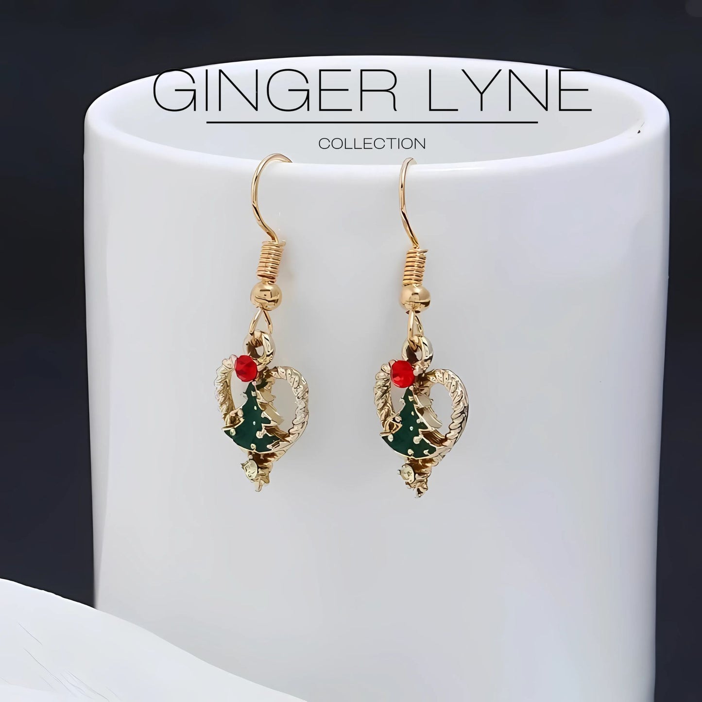 ChristmasTreeHeartHookEarringsWomensGreenEnamelGoldToneAlloyGingerLyneCollection_Green-2
