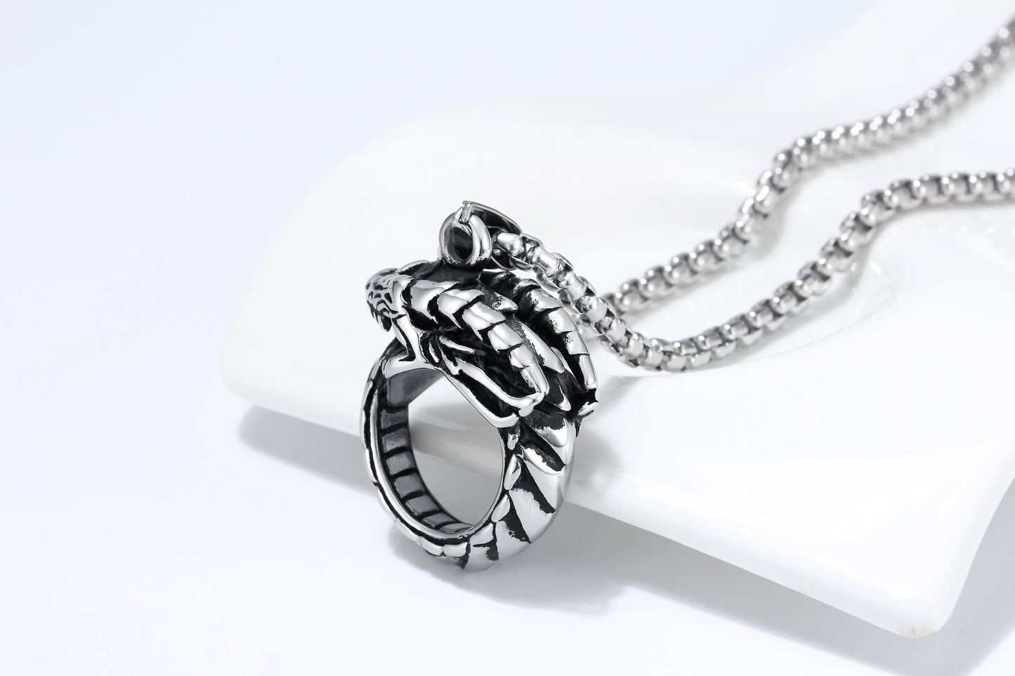 DragonRingNecklaceforMenorWomenStainlessSteelPunkGothBikerGingerLyneCollection_Silver-3