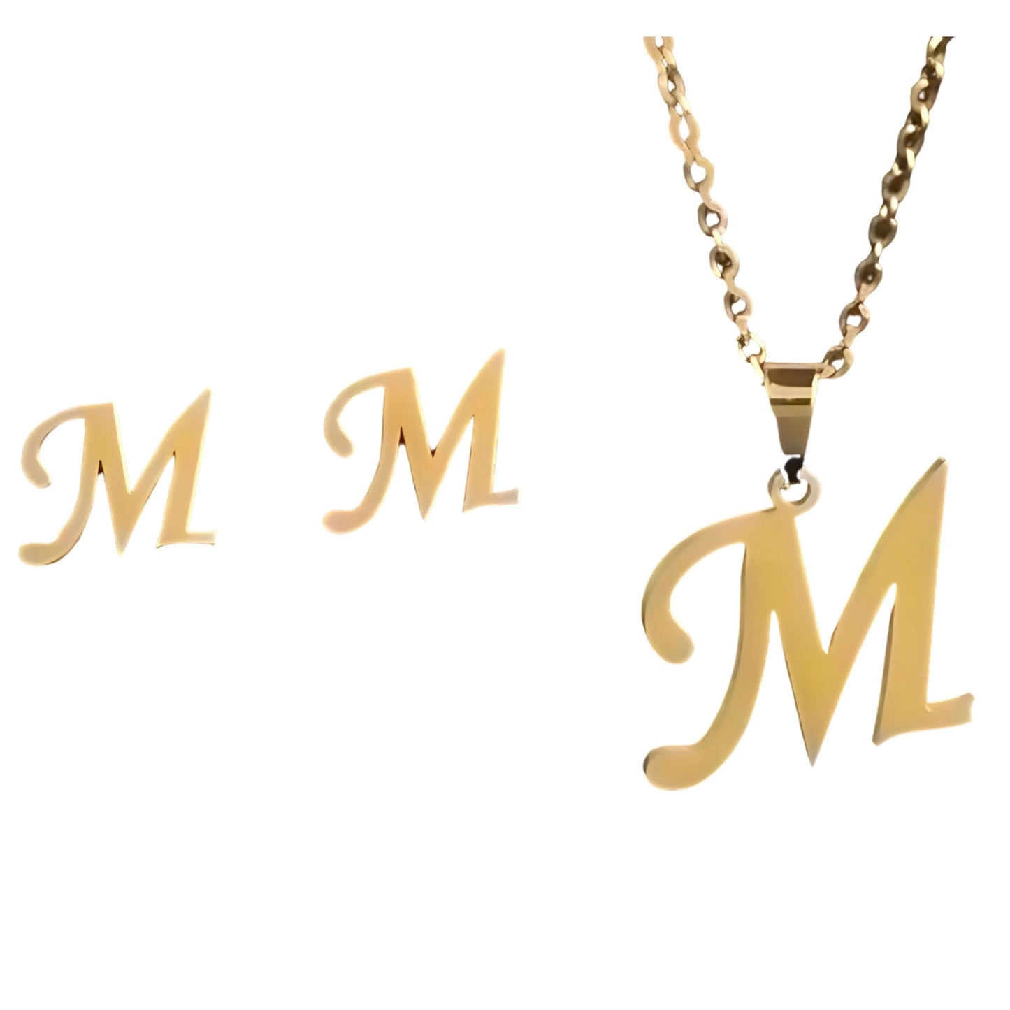 InitialLetterPendantNecklaceEarringsSetforWomenGoldPlatedStainlessSteelbyGingerLyne_M-1