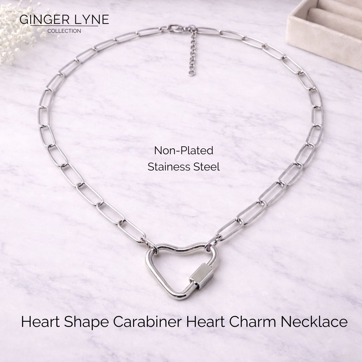 Silver Tone Heart Carabiner Charm Holder Necklace Paperclip Chain 22mm Heart Clasp 18-20 Inch Stainless Steel by Ginger Lyne - Silver-PaperclipChain/Heart CH