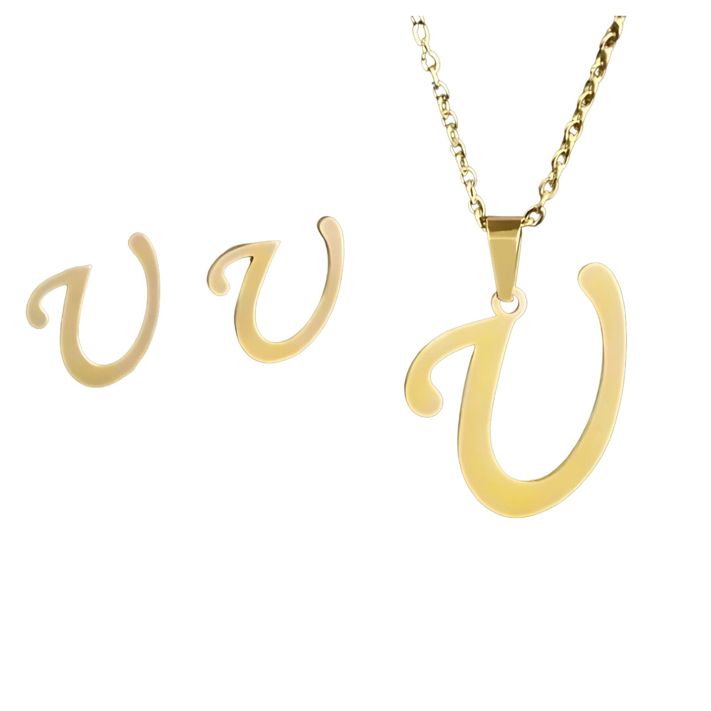 InitialLetterPendantNecklaceEarringsSetforWomenGoldPlatedStainlessSteelbyGingerLyne_U-1