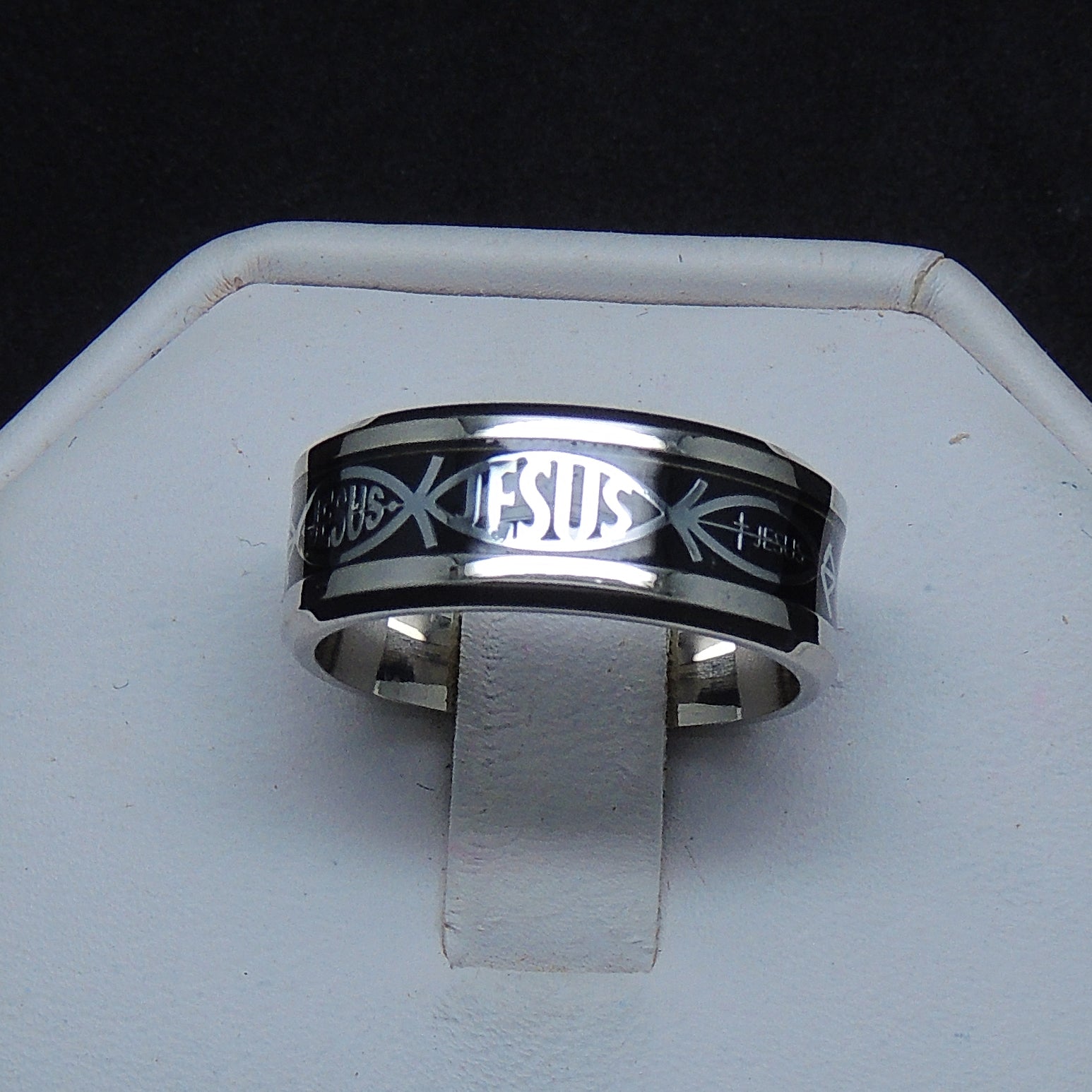 JesusFishWeddingBandforMenorWomen8mmStainlessSteelRingbyGingerLyneCollection_Black-3
