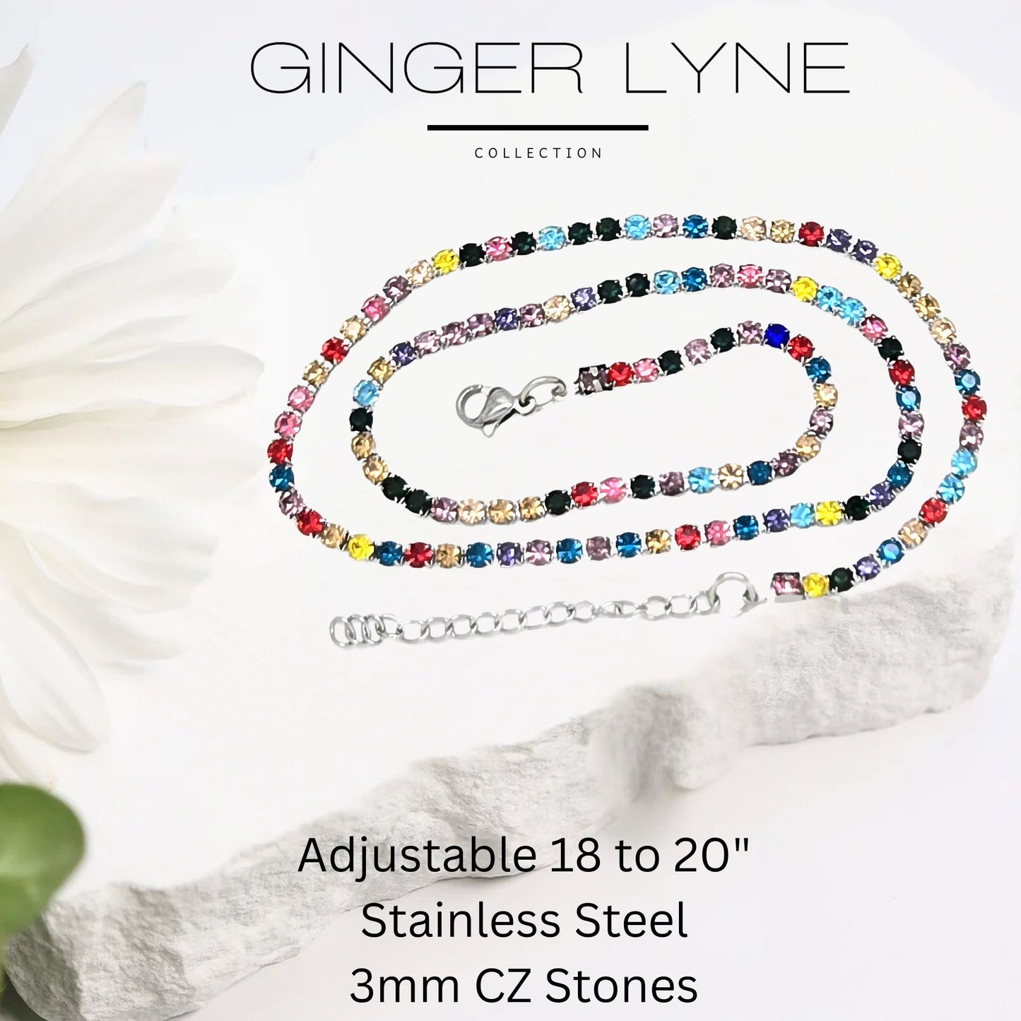 ColorfulTennisNecklaceforWomen3mmCubicZirconia18:-20"AdjustableLengthStainlessSteelbyGingerLyne_Multicolored-5