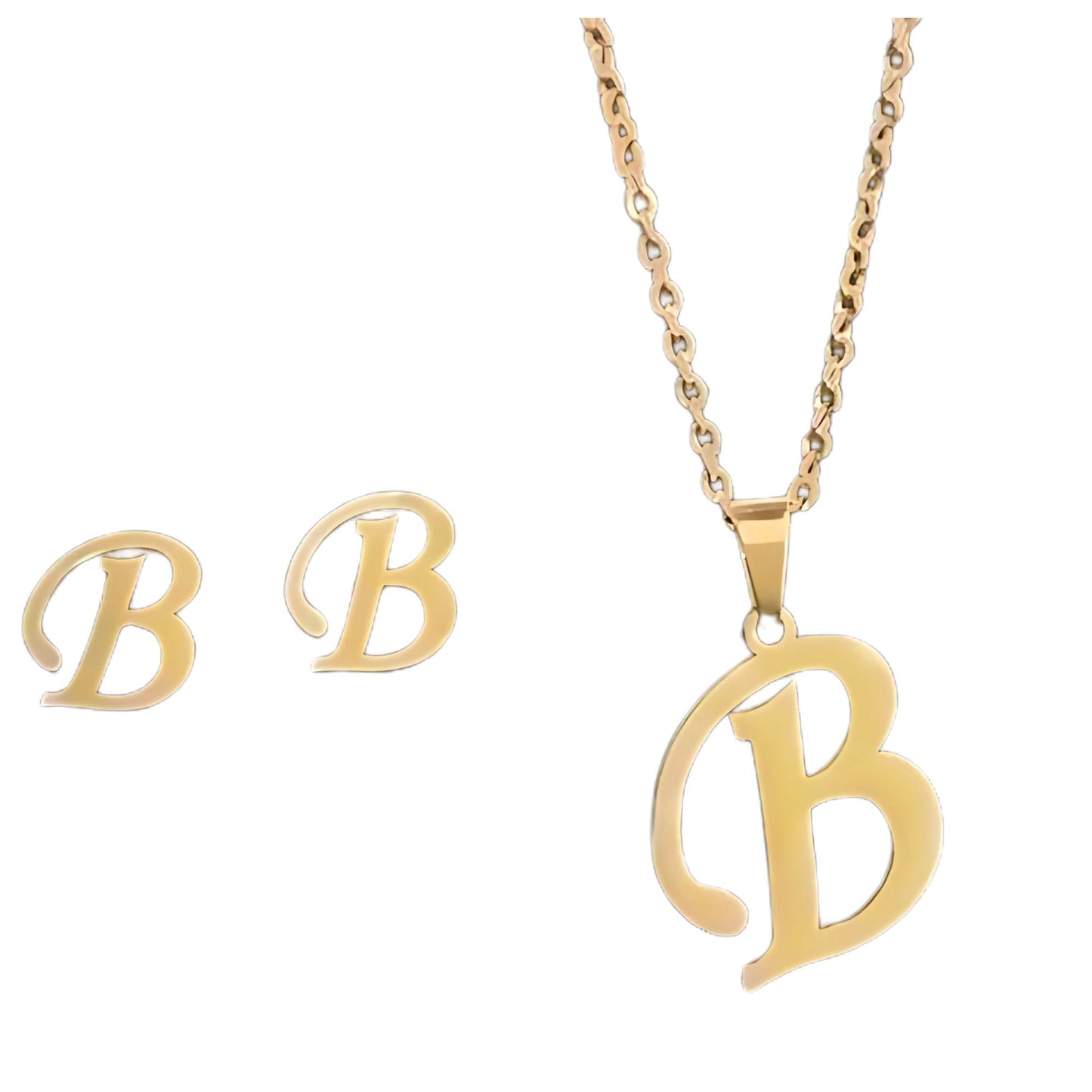 InitialLetterPendantNecklaceEarringsSetforWomenGoldPlatedStainlessSteelbyGingerLyne_B-1