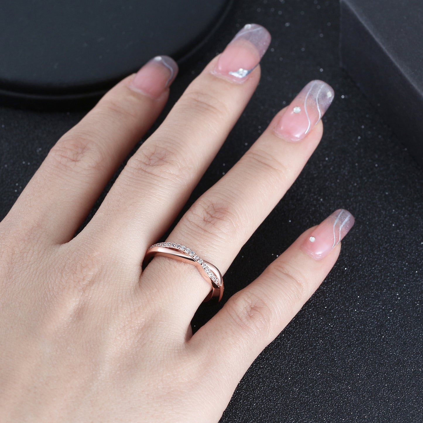 SterlingSilverRoseGoldWeddingBandforWomenHalfEternityCzAnniversaryRingbyGingerLyneCollection_RoseGoldoverWhiteGold-Silver-3