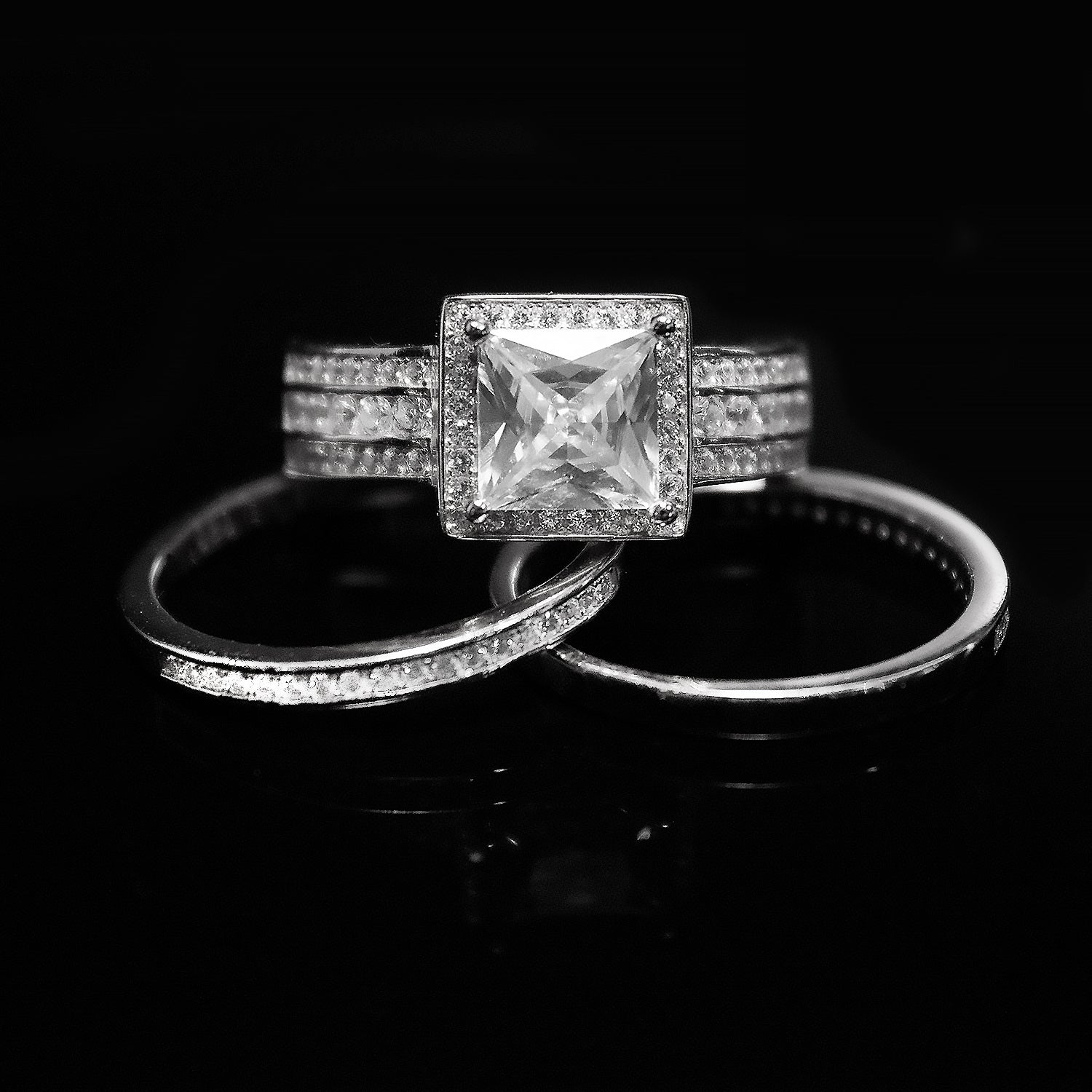 BeverlyWeddingRingSetHaloSterlingSilverEngagementRingBlackWeddingBandsGingerLyneCollection_WhiteGoldoverSilver-2