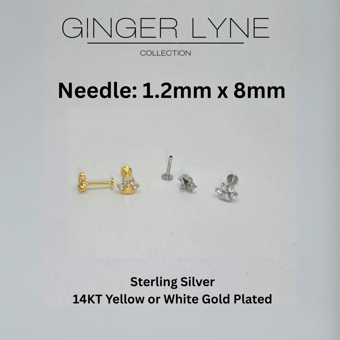 Paw Print Flat Back Earrings for Women Sterling Silver Cartilage Helix Lobe Body Piercing Studs Ginger Lyne - Gold