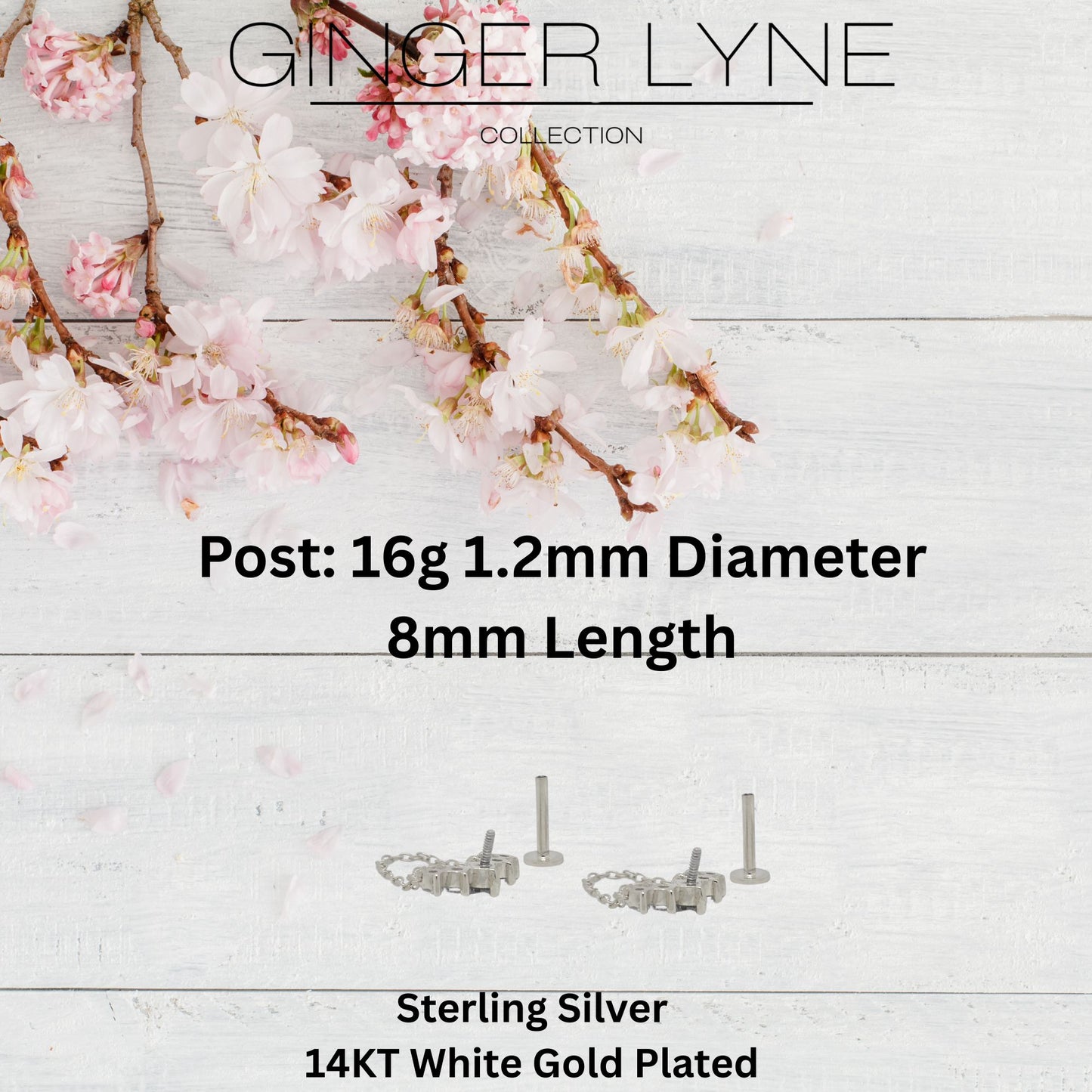 Crawler with Chains CZ Flat Back Earrings 16g Cartilage Helix Tragus Lobe Sterling Silver 1 pair by Ginger Lyne