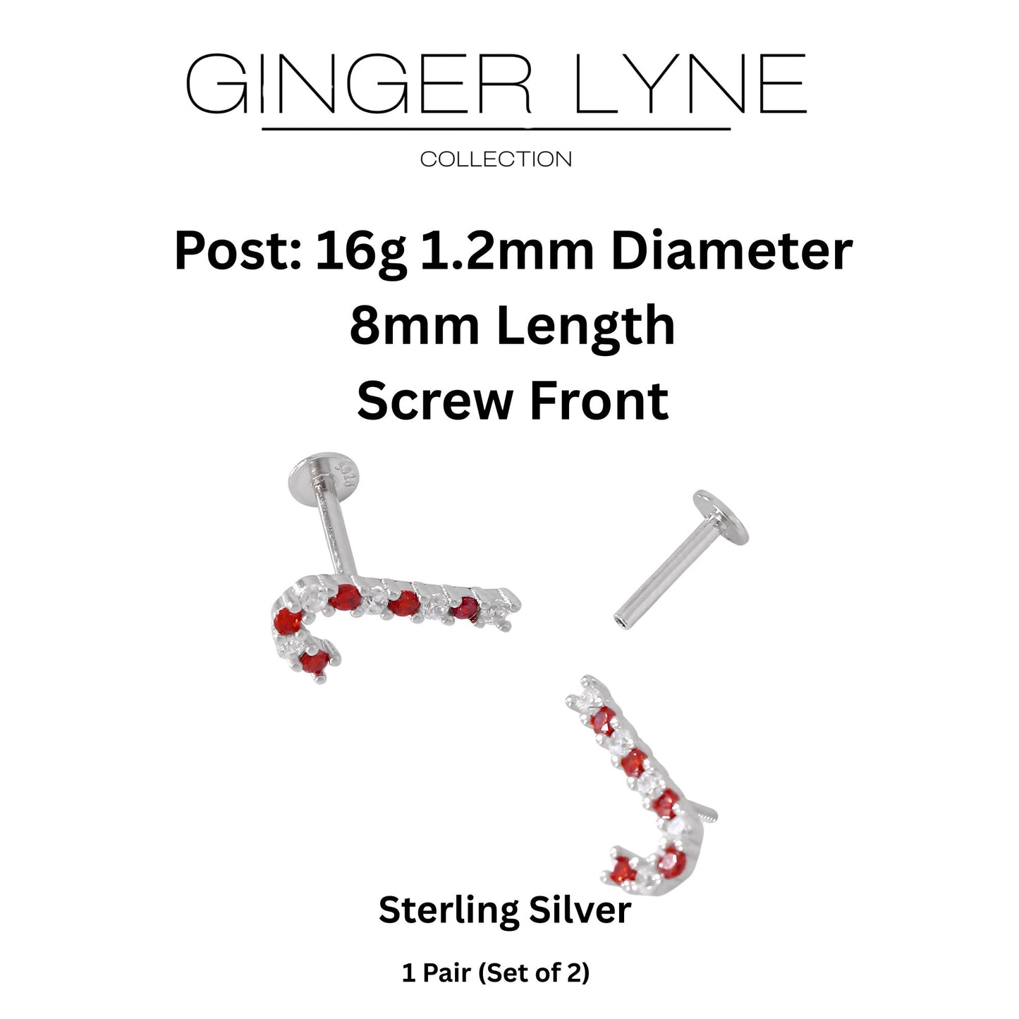 ChristmasCandyCaneFlatBackEarringsforWomenSterlingSilver16gCartilageHelixLobeBodyPiercingStudbyGingerLyneCollection_Silver-6