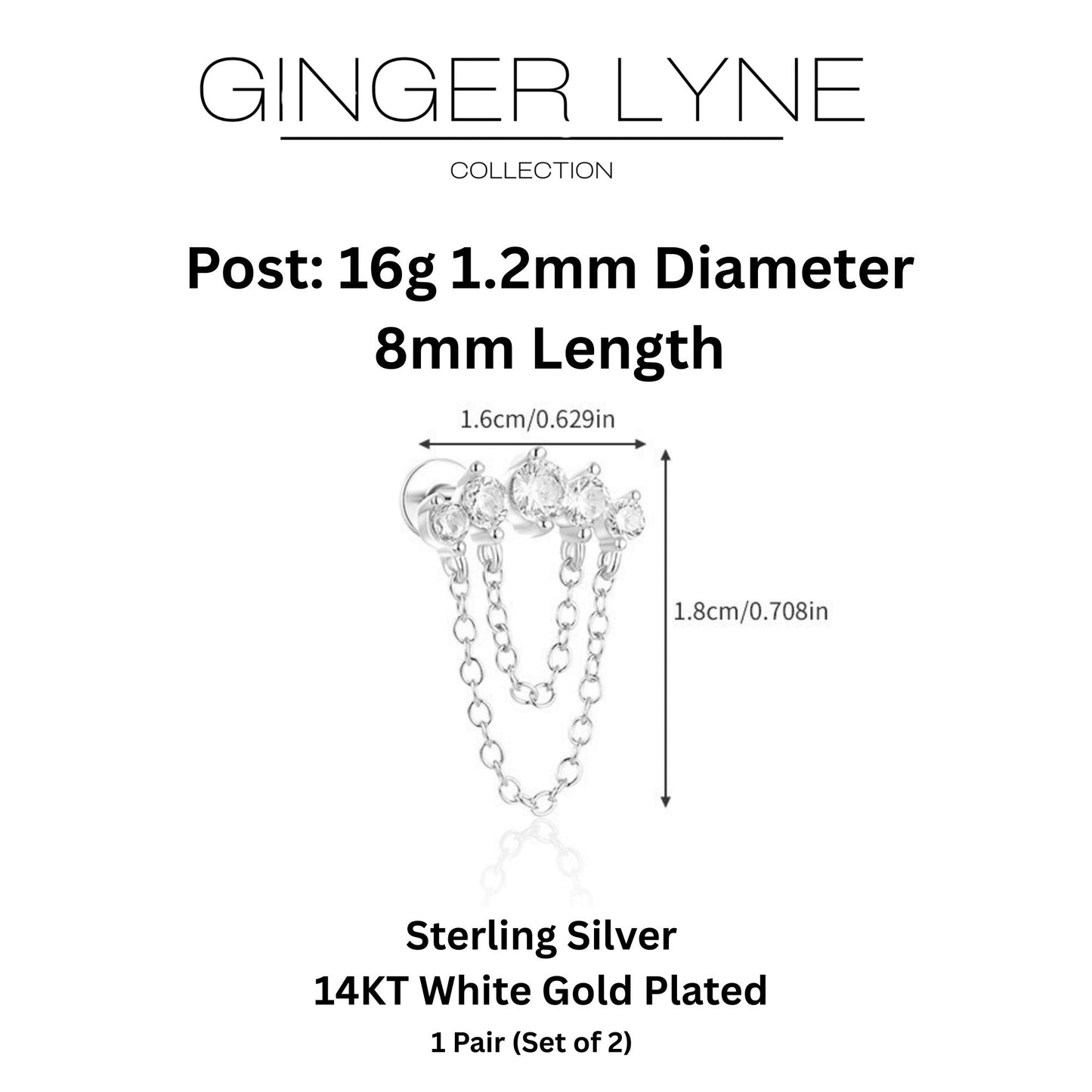 Crawler with Chains CZ Flat Back Earrings 16g Cartilage Helix Tragus Lobe Sterling Silver 1 pair by Ginger Lyne - Silver