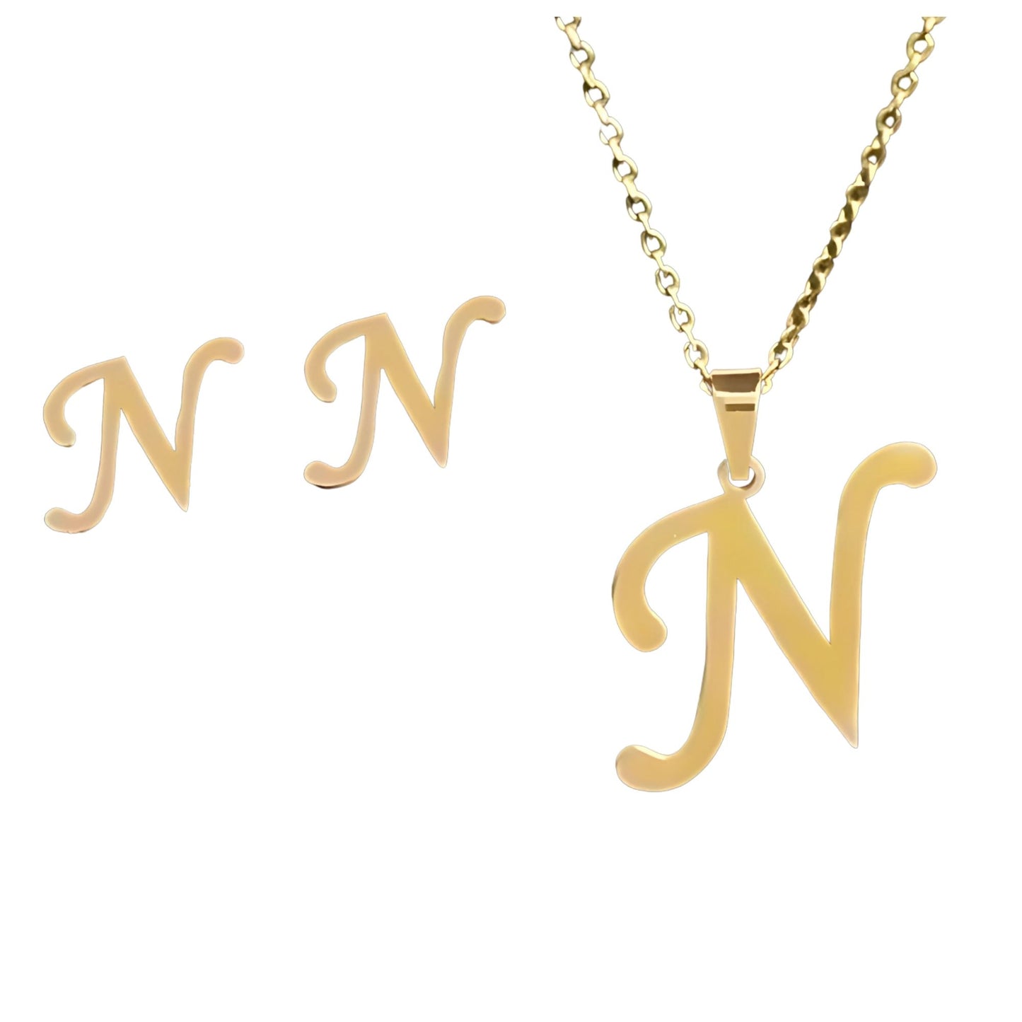 InitialLetterPendantNecklaceEarringsSetforWomenGoldPlatedStainlessSteelbyGingerLyne_N-1