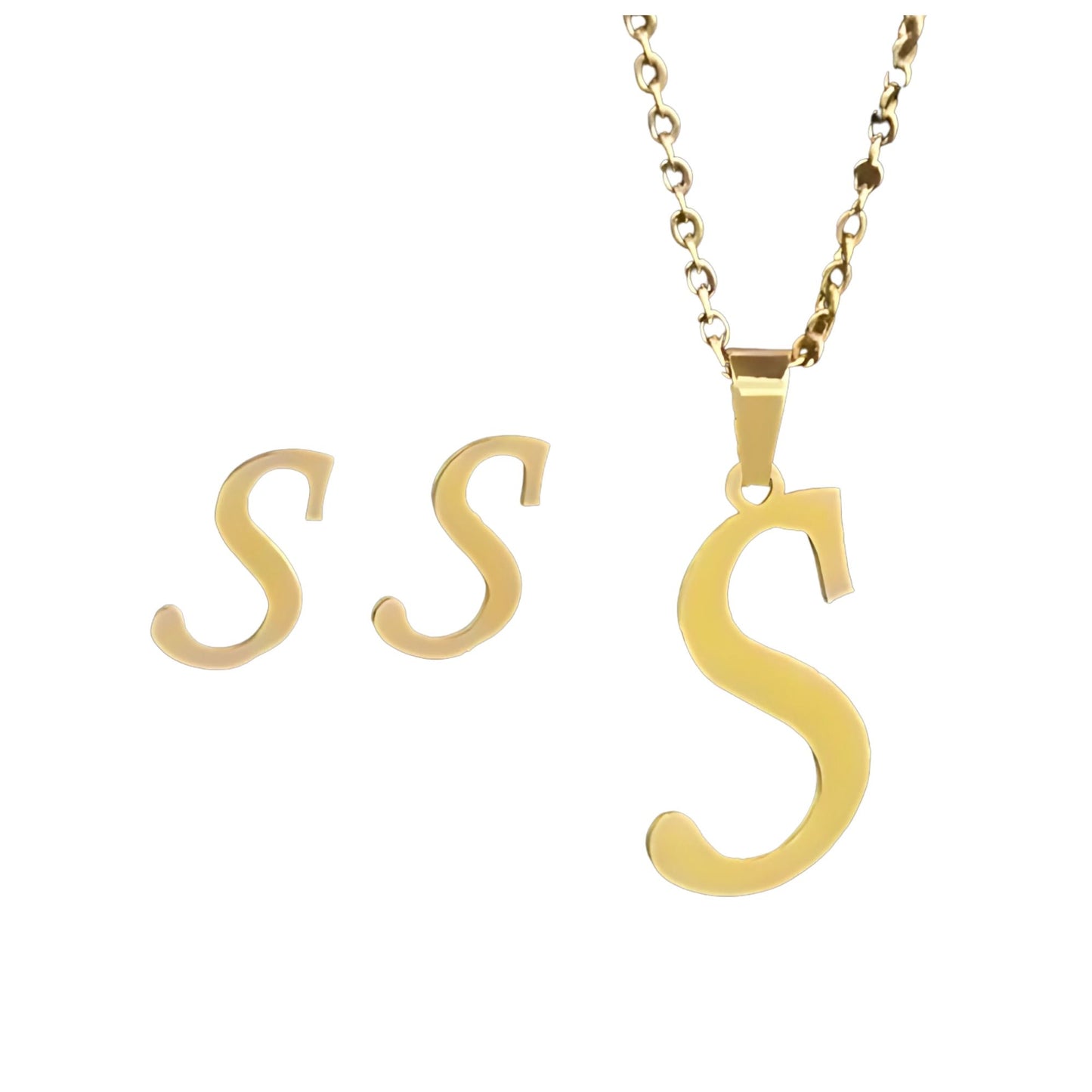 InitialLetterPendantNecklaceEarringsSetforWomenGoldPlatedStainlessSteelbyGingerLyne_S-1