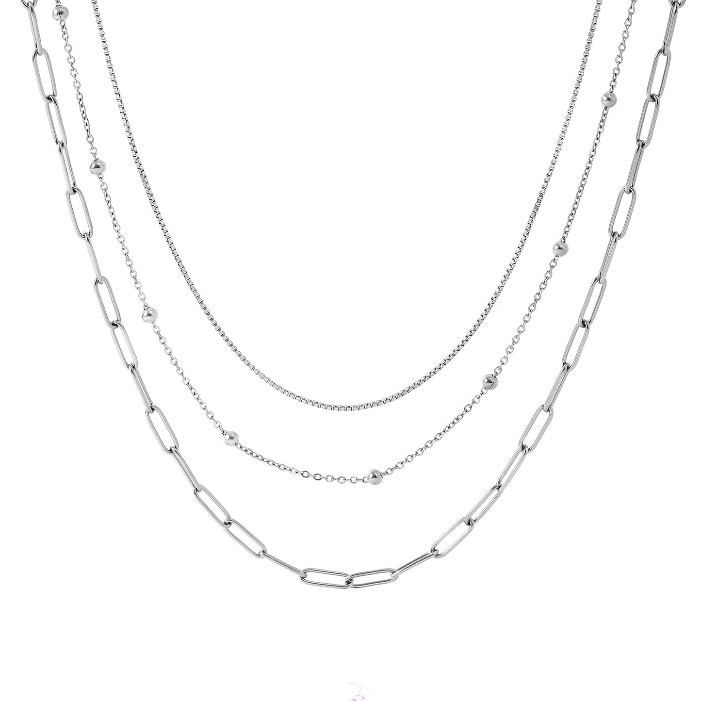 LayeredChainNecklaceforWomenbyGingerLyneGoldStainlessSteelBoxBeadandPaperclipChains_Silver-1