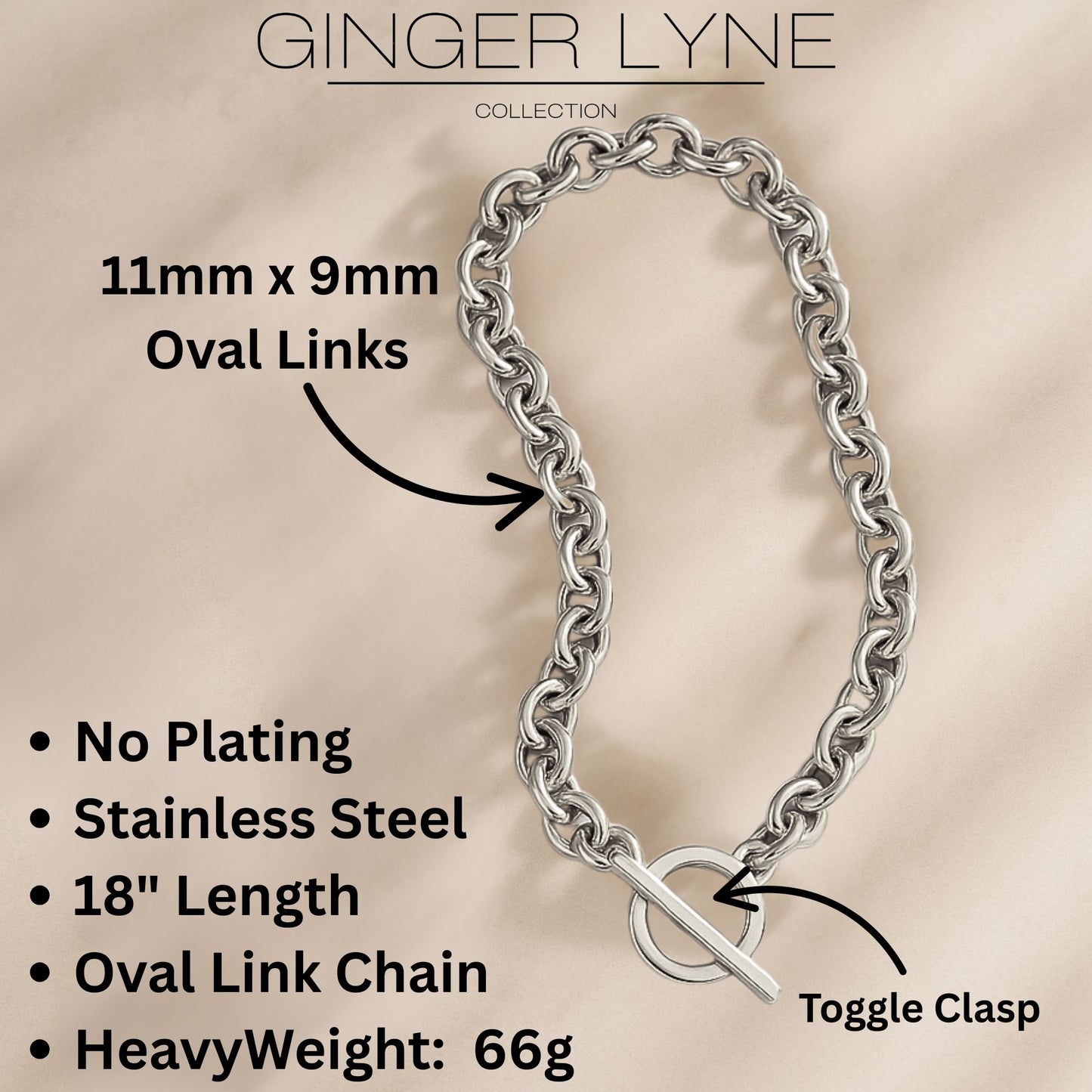 Oval Link Toggle Necklace for Women Heavy Weight 14KT Gold Plated Stainless Steel 18"Ginger Lyne Collection