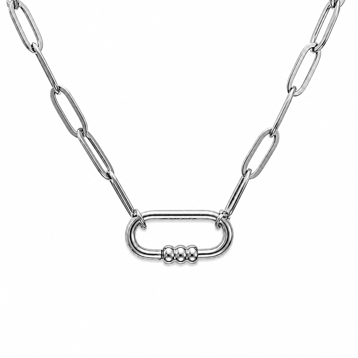 Carabiner Charm Holder Necklace for Women by Ginger Lyne Paperclip Chain Silver Stainless Steel 18-20" - Silver-PaperclipChain/Rect 3 Bead CH