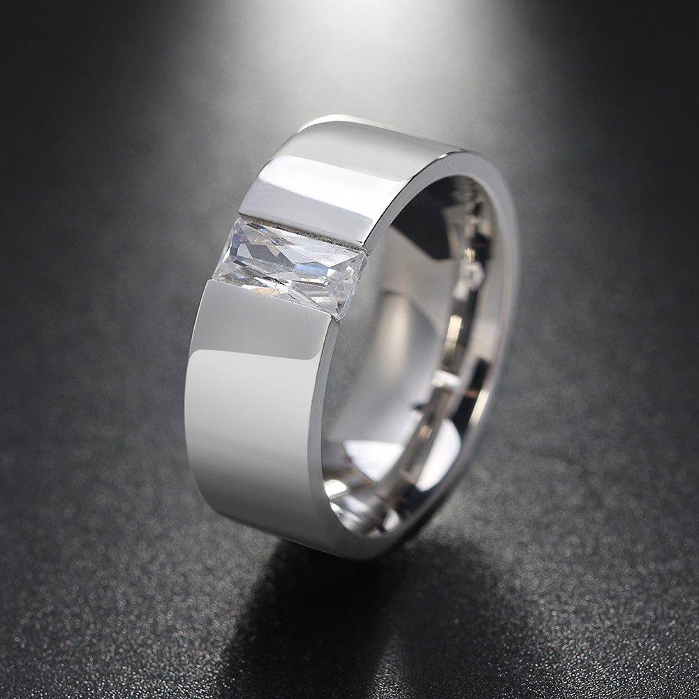 WeddingBandRingforMenorWomen8mmStainlessSteel1CtEmeraldCutCzGingerLyneCollection_Silver-2