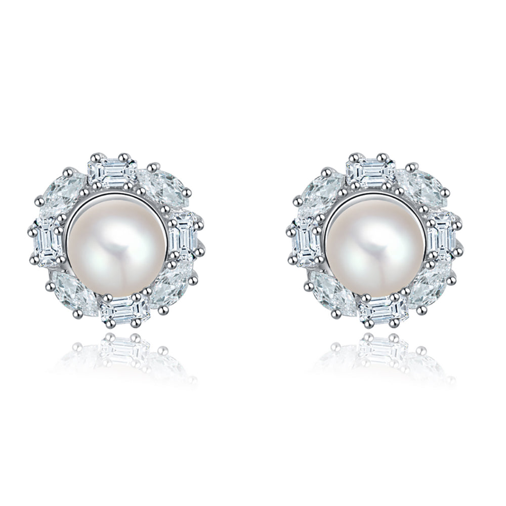 BaguetteCutStudEarringsforWomenCubicZirconiaSimulatedPearlGingerLyneCollection_Silver-1
