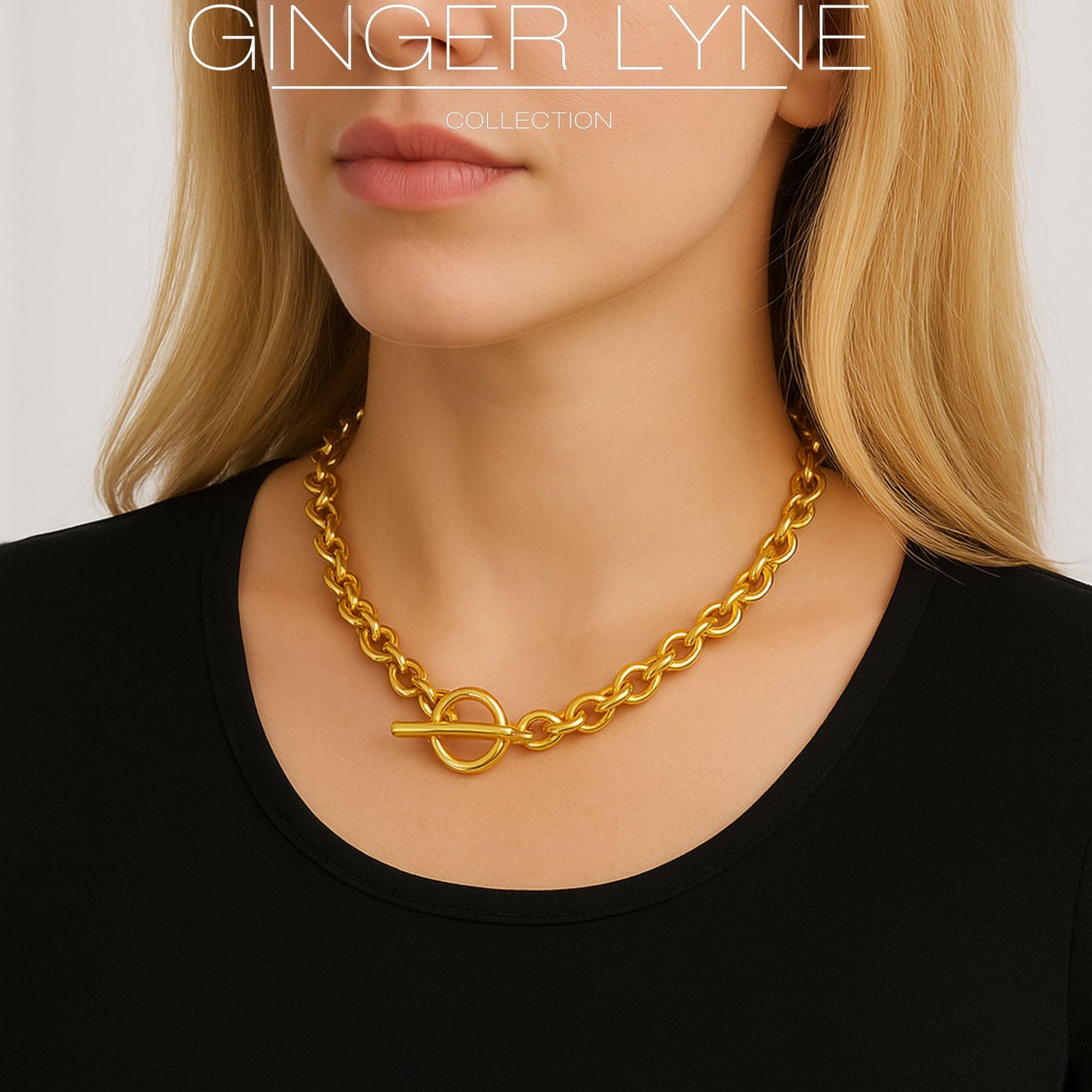 OvalLinkToggleNecklaceforWomenHeavyWeight14KTGoldPlatedStainlessSteel18"GingerLyneCollection_Gold-Tone-4