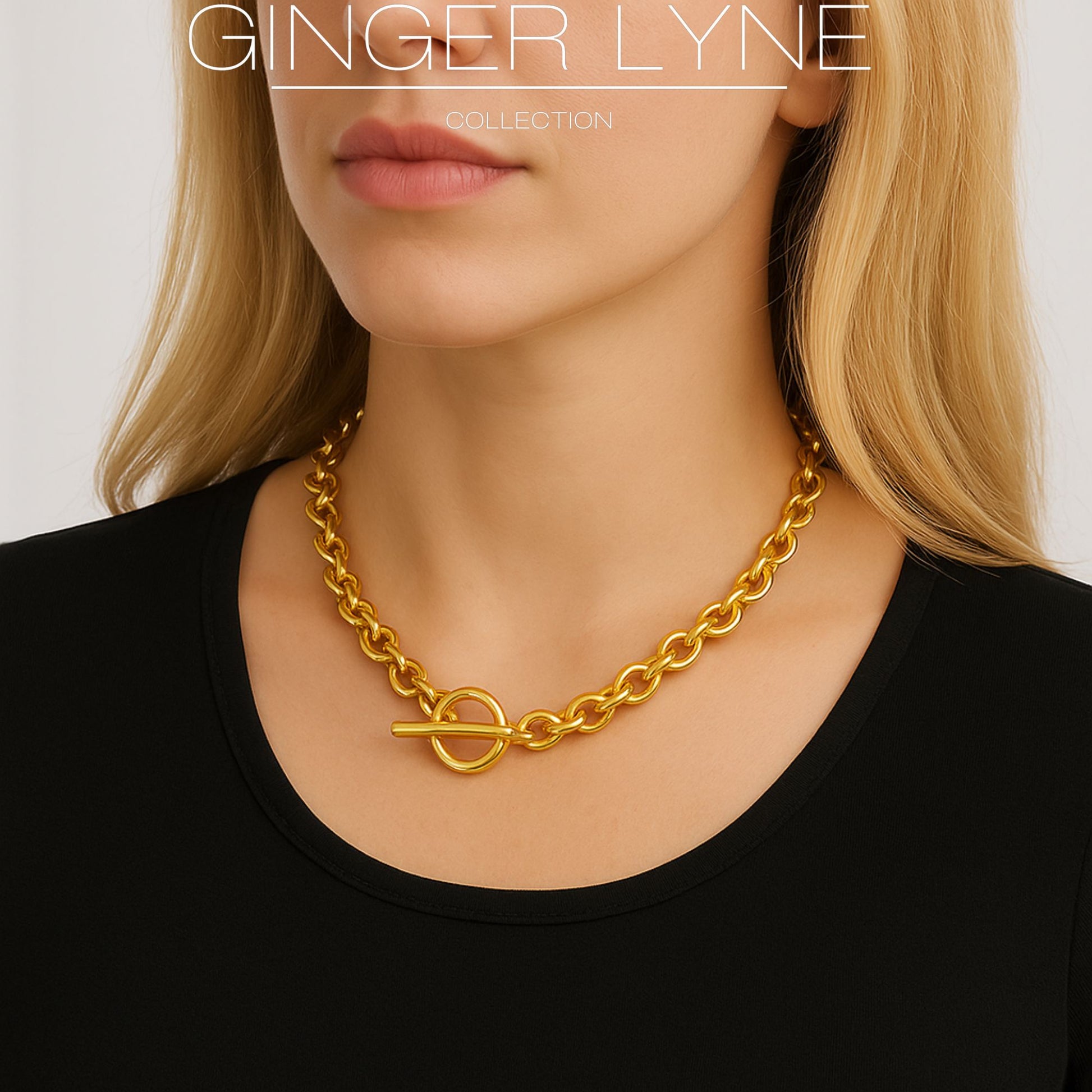 OvalLinkToggleNecklaceforWomenHeavyWeight14KTGoldPlatedStainlessSteel18"GingerLyneCollection_Gold-Tone-4