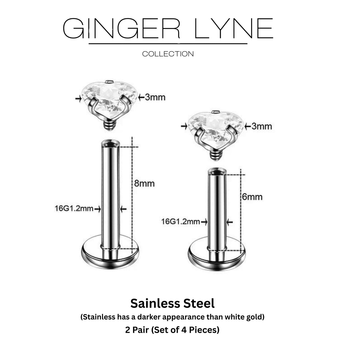 SmallHeartSolitaireFlatBackStudEarringsBodyPiercingsbyGingerLyne2Sets3mmCZStainlessSteel16g6mmand8mmLengths_Clear-3