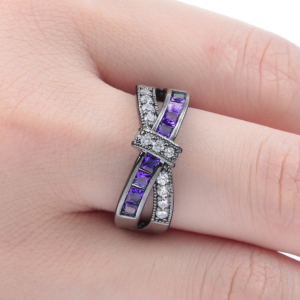 VerandaWeddingBandRingCrossKnotCzWgoldPlatedWomensGingerLyneCollection_Black/Purple-2
