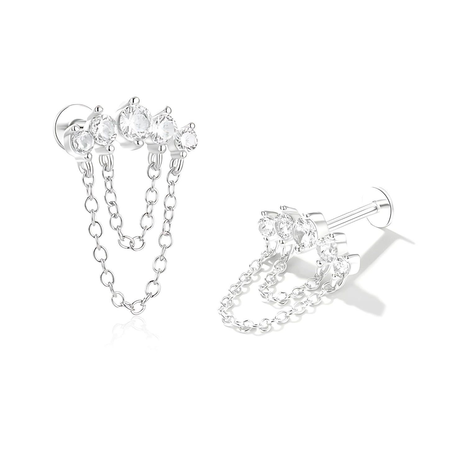 CrawlerwithChainsCZFlatBackEarrings16gCartilageHelixTragusLobeSterlingSilver1pairbyGingerLyne_Silver-1