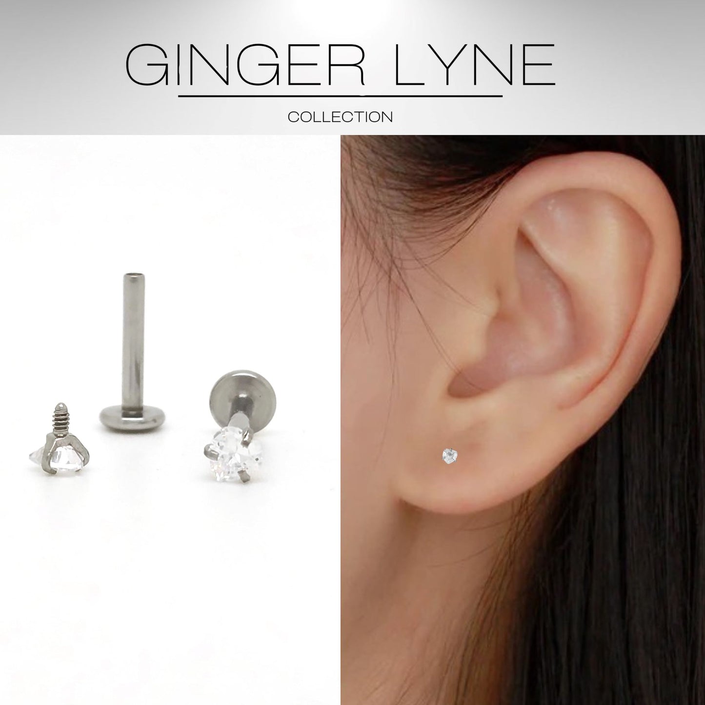 SmallHeartSolitaireFlatBackStudEarringsBodyPiercingsbyGingerLyne2Sets3mmCZStainlessSteel16g6mmand8mmLengths_Clear-2