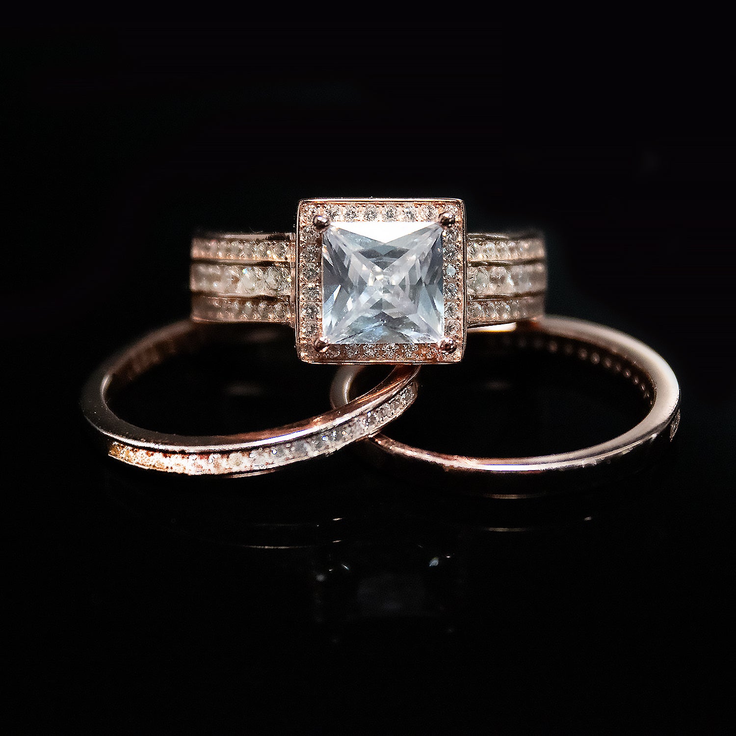 BeverlyWeddingRingSetHaloSterlingSilverEngagementRingBlackWeddingBandsGingerLyneCollection_RoseoverSilver-6