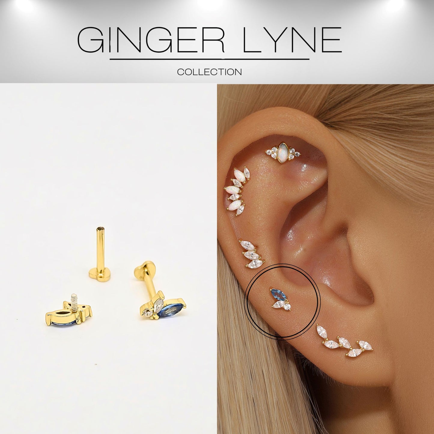 BlueMarquiseCZFlatBackEarringsforCartilageHelixTragusLobeGoldPlatedSterlingSilver1pairbyGingerLyne_Blue-2