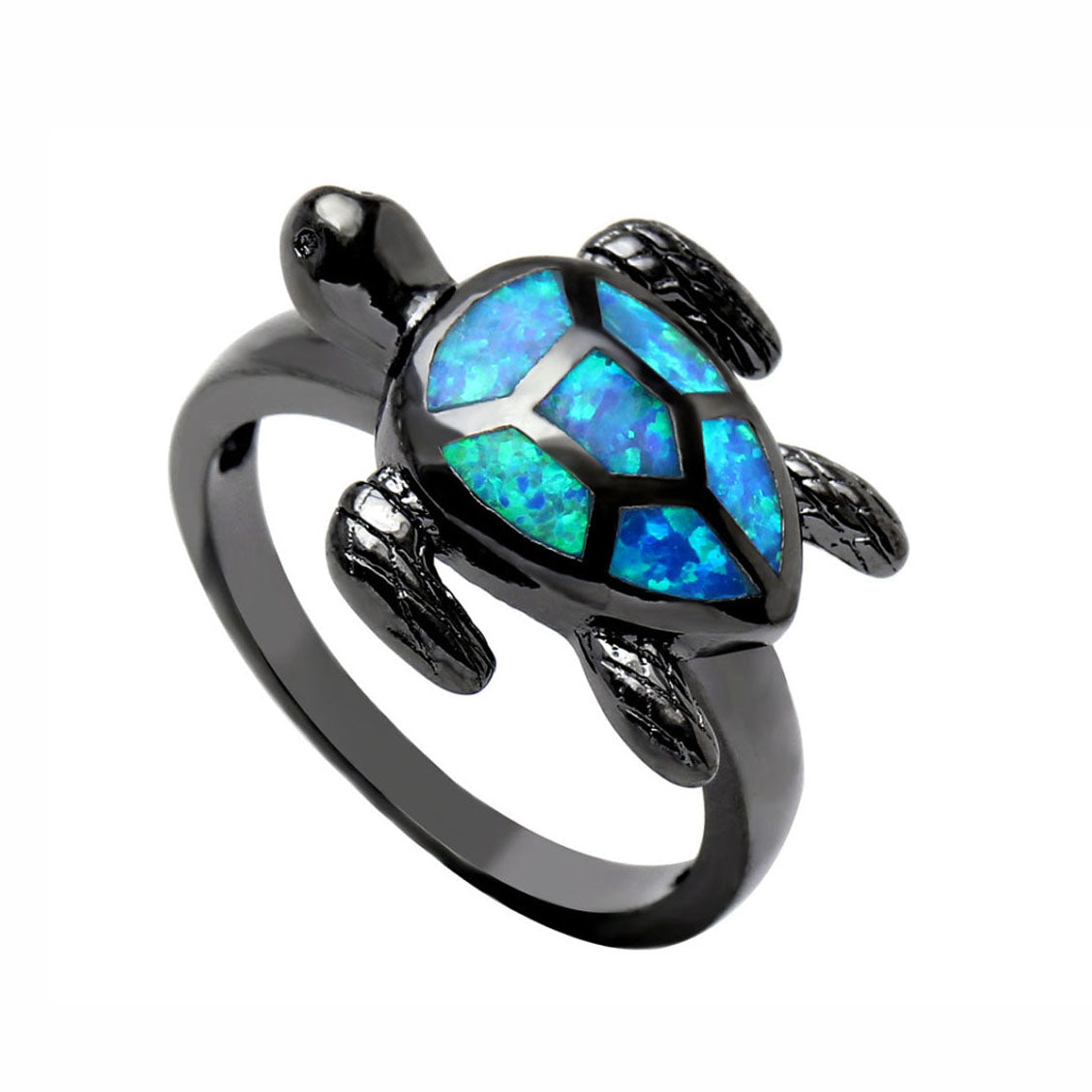 SeaTurtleStatementRingforWomenBlueSimulatedFireOpalBlackPlatedRingSize9byGingerLyne_Blue-1