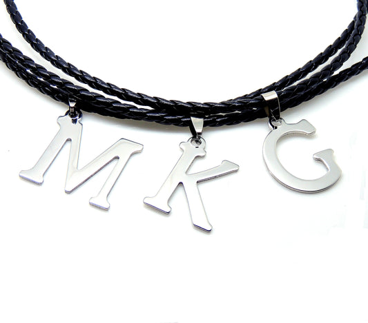 InitialLetterNecklacePULeatherStainlessSteelMenWomenGingerLyneCollection_A-1