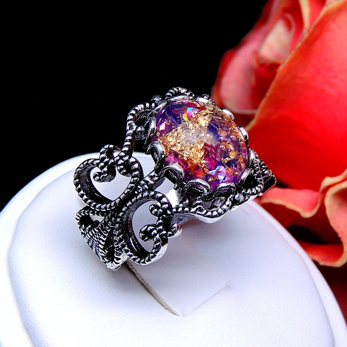 FiligreeWhiteFireOpalStatementRingWomenGingerLyneCollection_Purple/Gold-4