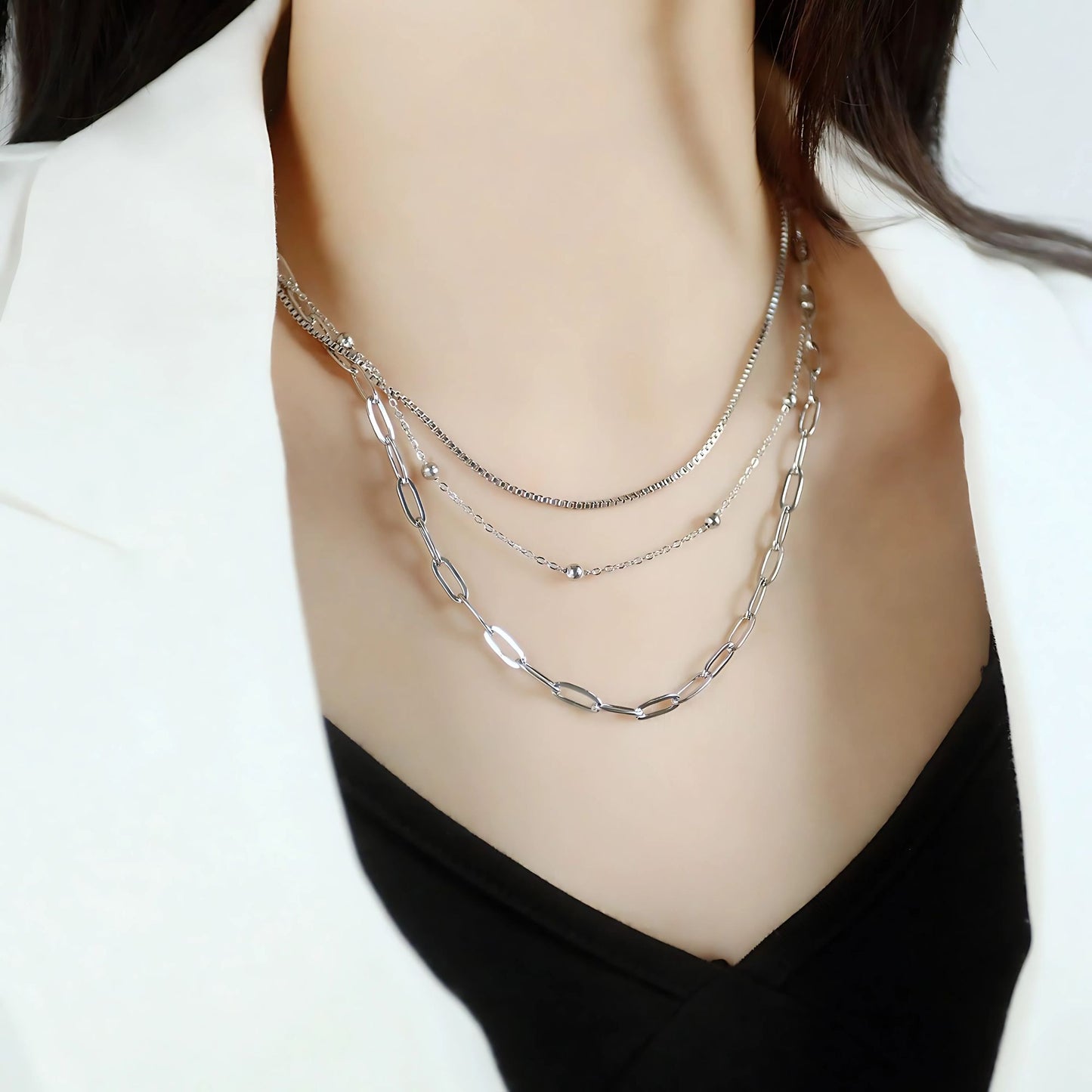 LayeredChainNecklaceforWomenbyGingerLyneGoldStainlessSteelBoxBeadandPaperclipChains_Silver-3