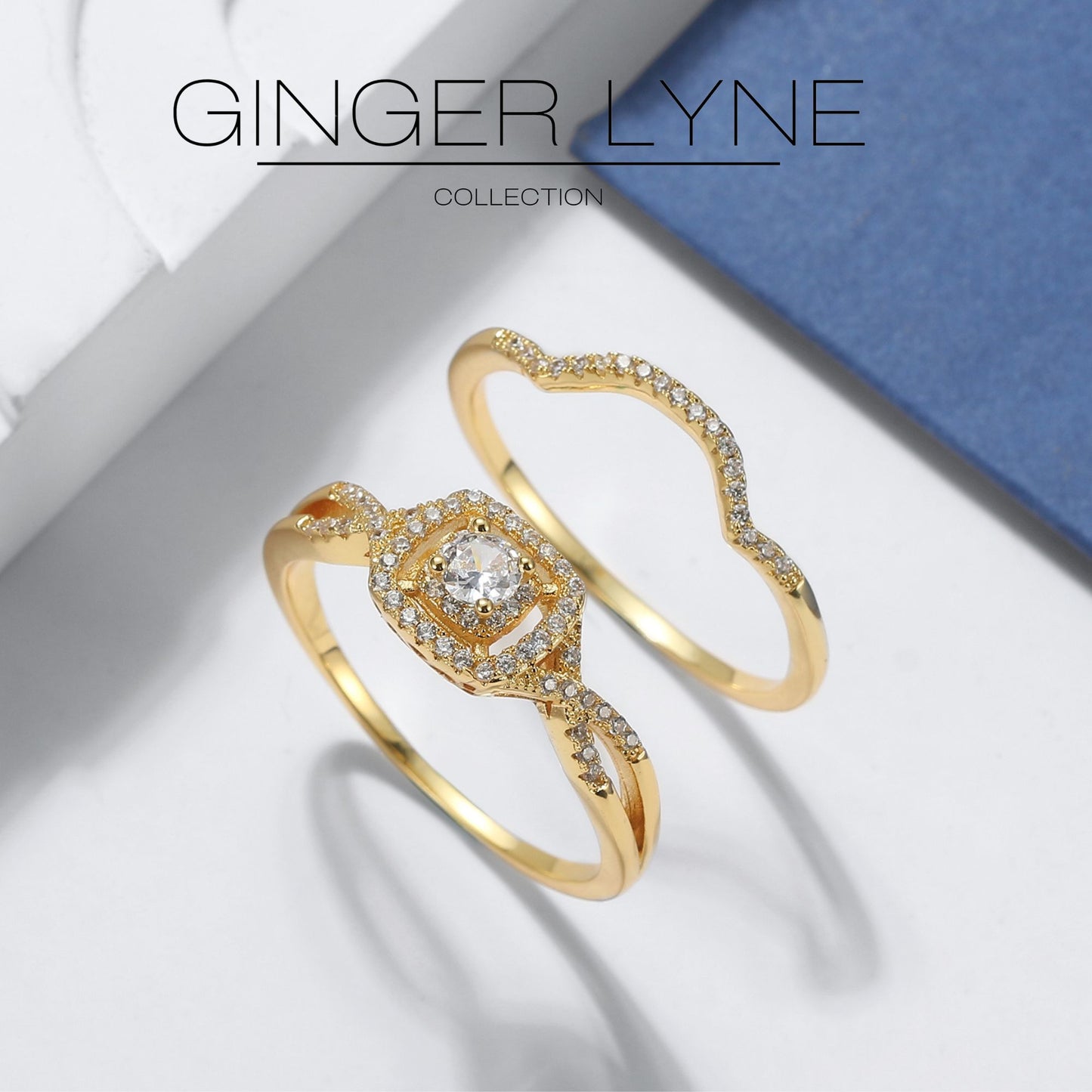 WeddingRingSetforWomenHaloCZSterlingSilverEngagementRingandMatchingBandGingerLyneCollection_YGold/Sterling-3