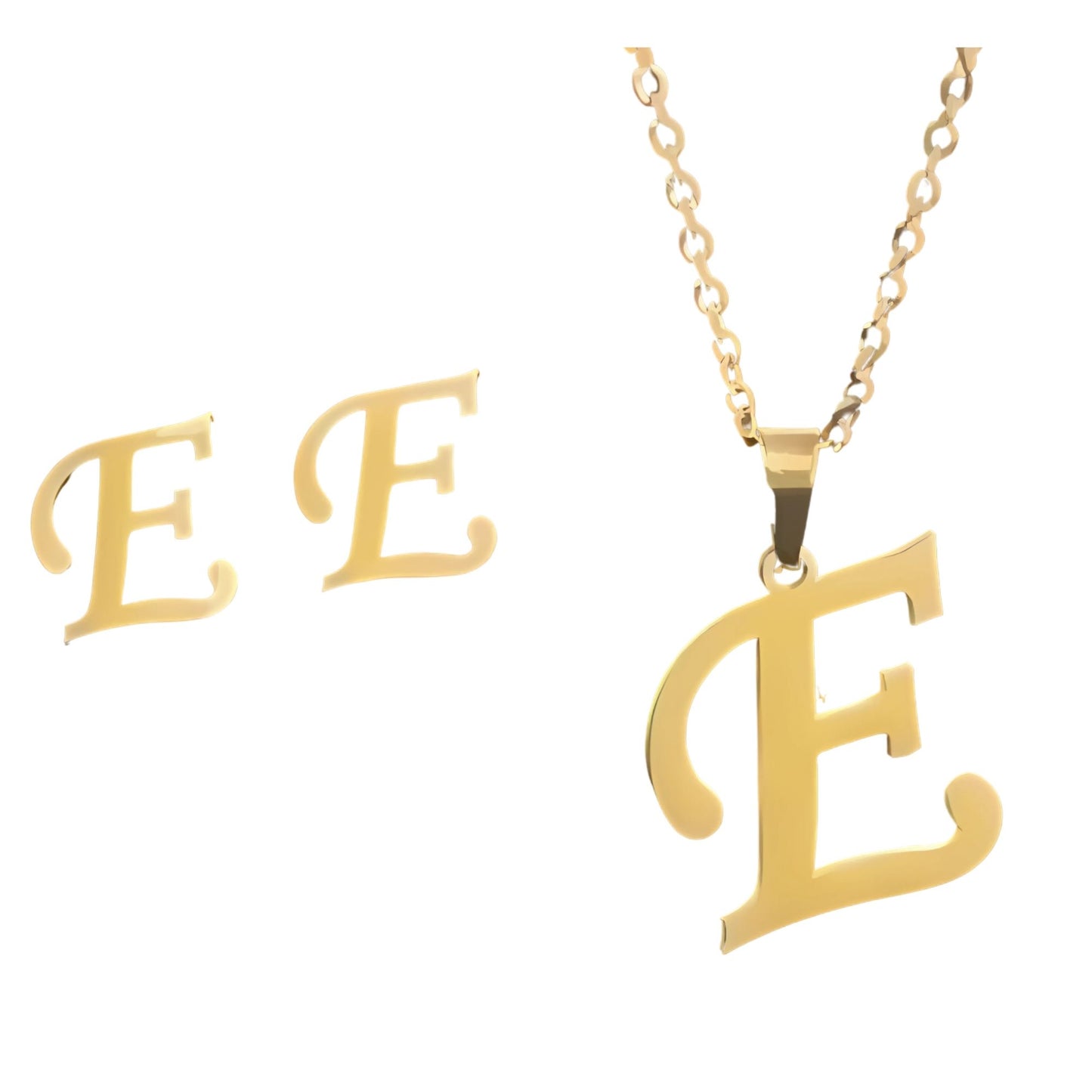 InitialLetterPendantNecklaceEarringsSetforWomenGoldPlatedStainlessSteelbyGingerLyne_E-1