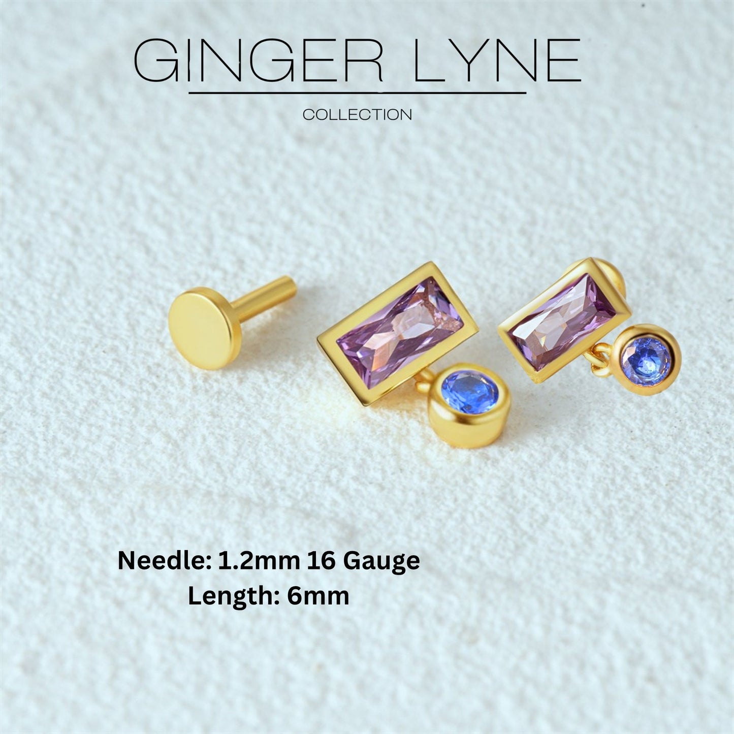 EmeraldCutCZFlatBackEarringsforCartilageHelixTragusLobeGoldPlatedSterlingSilver1pairbyGingerLyneCollection_Purple-3