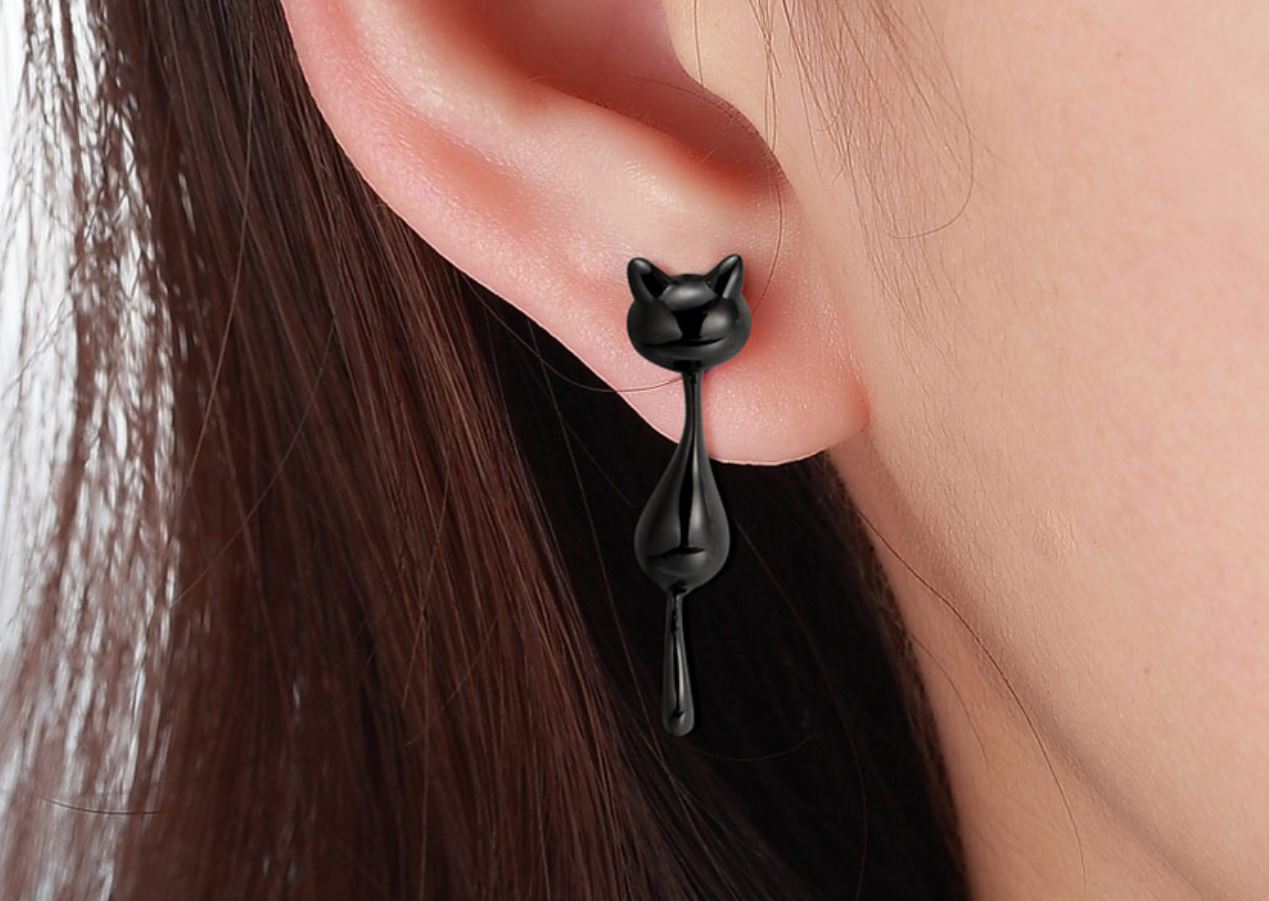 GinnyBlackCatKittyDangleEarringsforWomenSterlingSilverGingerLyneCollection_Black-3