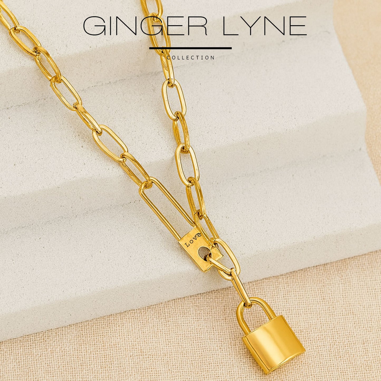 OvalChainNecklaceforWomenLockPendant18KGoldPlatedStainlessSteelAdjustableto18"GingerLyne_Gold-2
