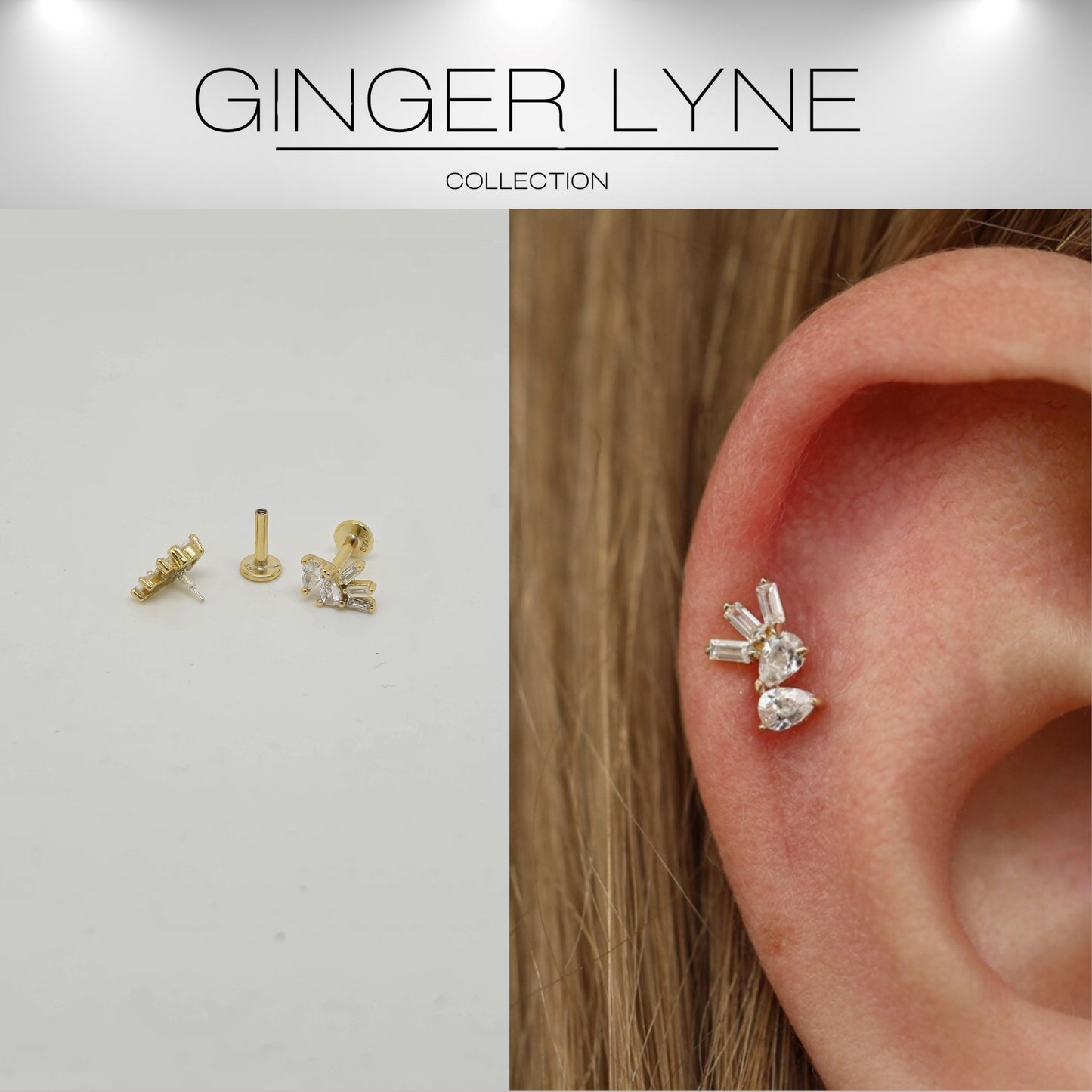 PearBaguetteCZFlatBackEarringsforCartilageHelixTragusLobe16gGoldPlatedSterlingSilver1pairbyGingerLyne_Gold-2