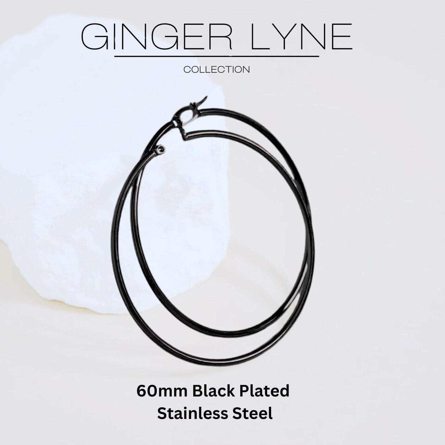 Black Hoop Earrings for Women Thin Large 50mm or 60mm Stainless Steel Ginger Lyne Collection