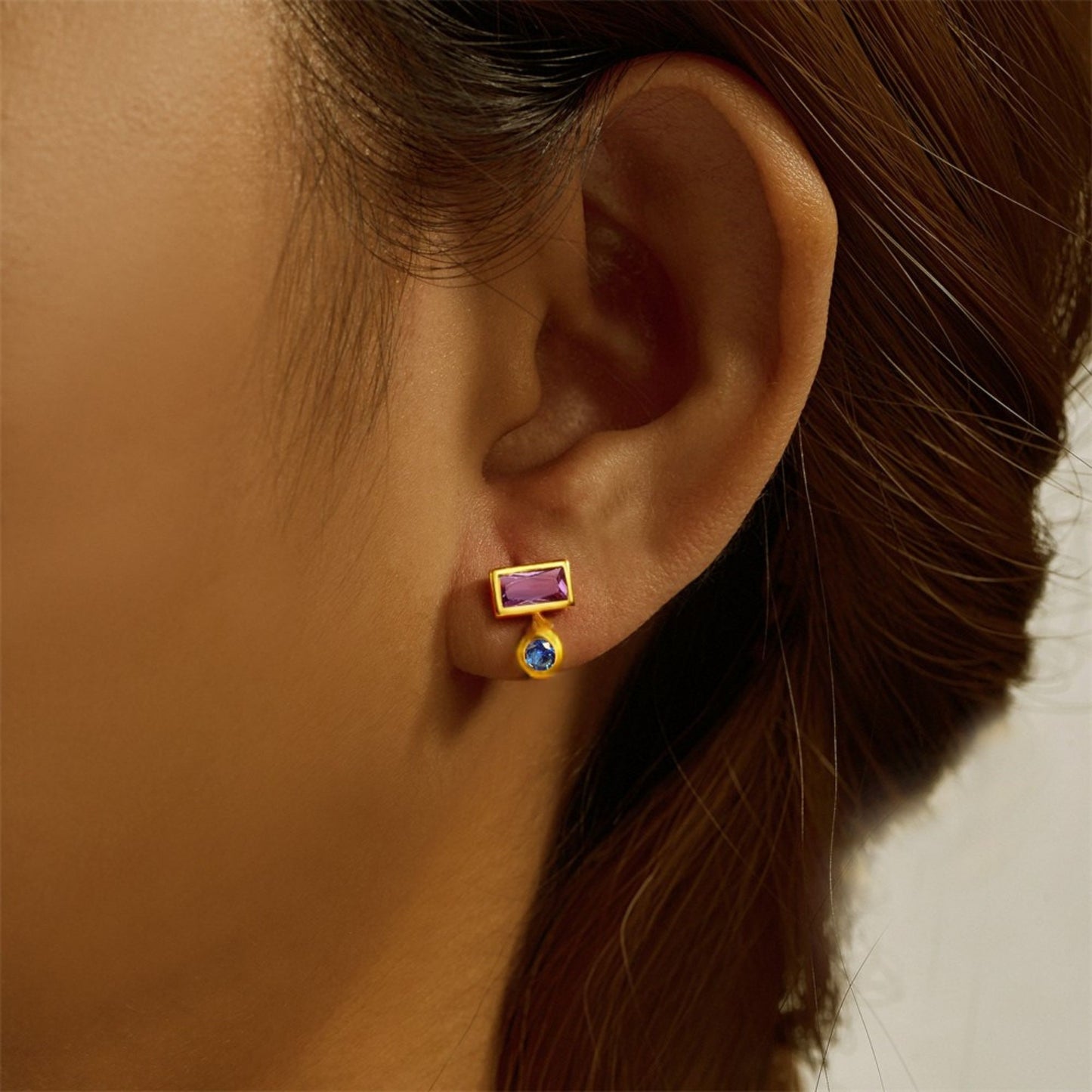 EmeraldCutCZFlatBackEarringsforCartilageHelixTragusLobeGoldPlatedSterlingSilver1pairbyGingerLyneCollection_Purple-2