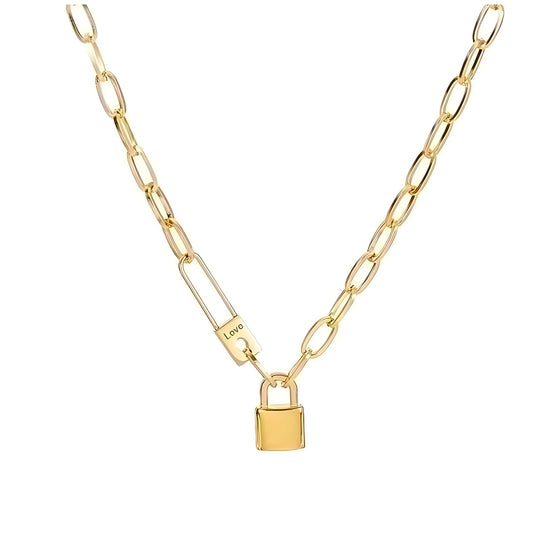 OvalChainNecklaceforWomenLockPendant18KGoldPlatedStainlessSteelAdjustableto18"GingerLyne_Gold-1