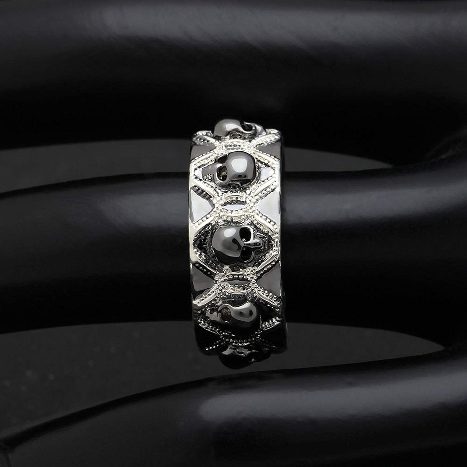 SkullsWeddingBandRingBlackGothPunkBikerMensWomensGingerLyneCollection_Black-2