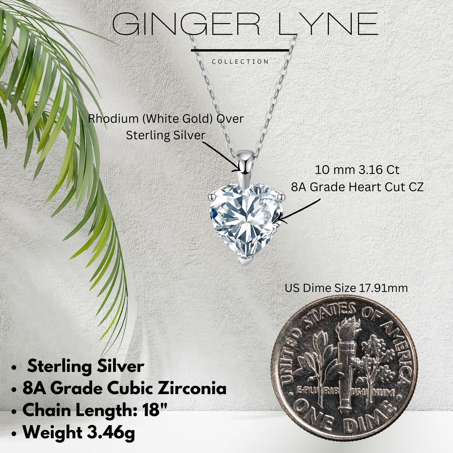 Heart Solitaire Necklace for Women Sterling Silver 3Ct 8A Cubic Zirconia Pendant 18" Chain by Ginger Lyne - Silver