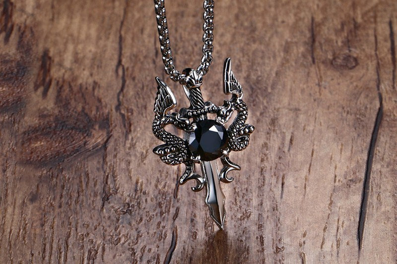 DragonSwordNecklaceforMenorWomenStainlessSteelBlackCzGothicGingerLyneCollection_Silver-2