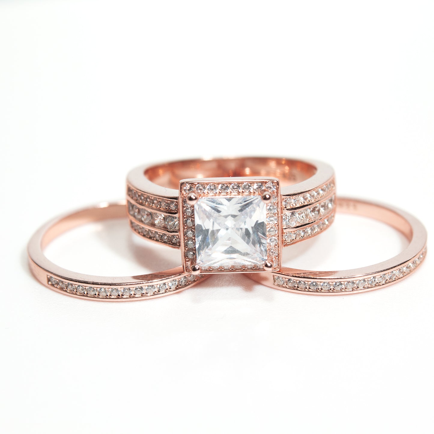 BeverlyWeddingRingSetHaloSterlingSilverEngagementRingBlackWeddingBandsGingerLyneCollection_RoseoverSilver-2
