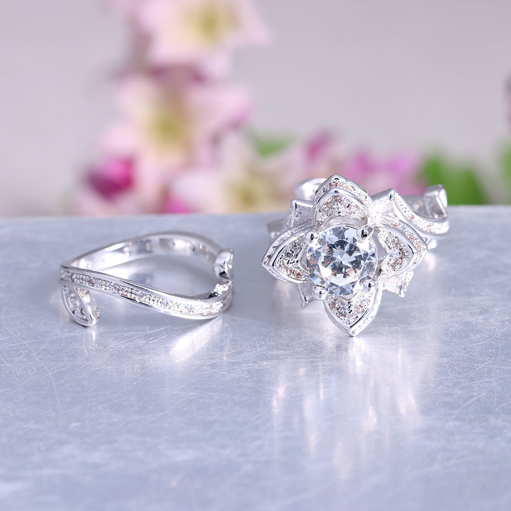 JosieFlowerWeddingRingSetforWomenCzEngagementRingMatchingBandGingerLyneSize10_Silver-2