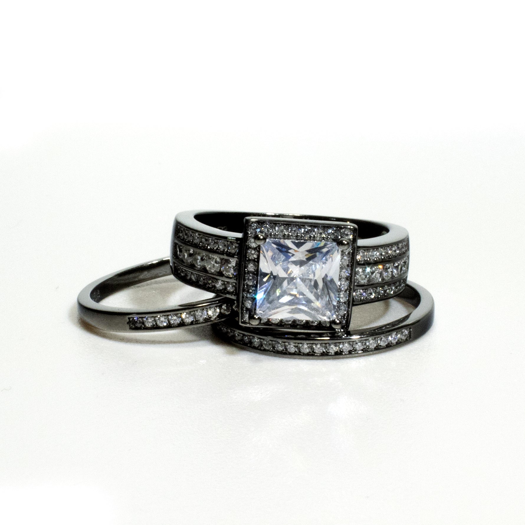 BeverlyWeddingRingSetHaloSterlingSilverEngagementRingBlackWeddingBandsGingerLyneCollection_BlackoverSilver-2