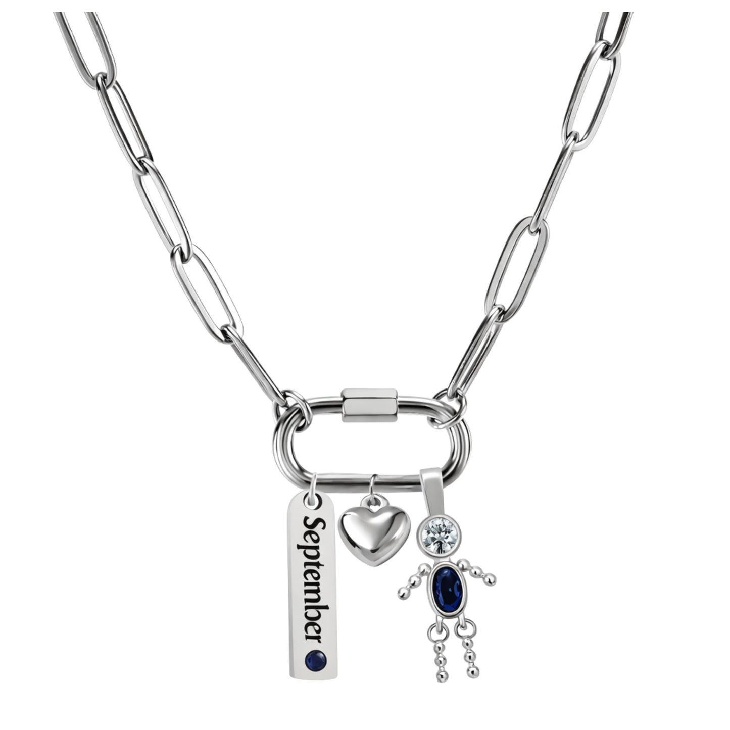 CarabinerFamilyBirthstoneNecklaceforMomorGrandmabyGingerLyneStainlessSteelCZBirthdayCharms_Male-September-Silver-1